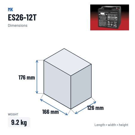Bateria de cadeira de rodas MK Powered ES26-12T 12V 26Ah AGM – medidas 166 × 126 × 176 mm