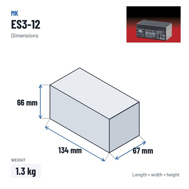 Rollstuhlbatterie MK Powered ES3-12 12V 3Ah AGM – Abmessungen 134 × 67 × 66 mm