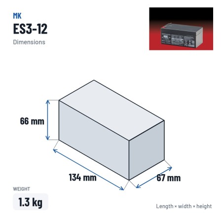 Rollstuhlbatterie MK Powered ES3-12 12V 3Ah AGM – Abmessungen 134 × 67 × 66 mm