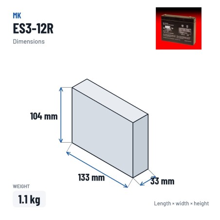 Bateria de cadeira de rodas MK Powered ES3-12R 12V 2.8Ah AGM – medidas 133 × 33 × 104 mm