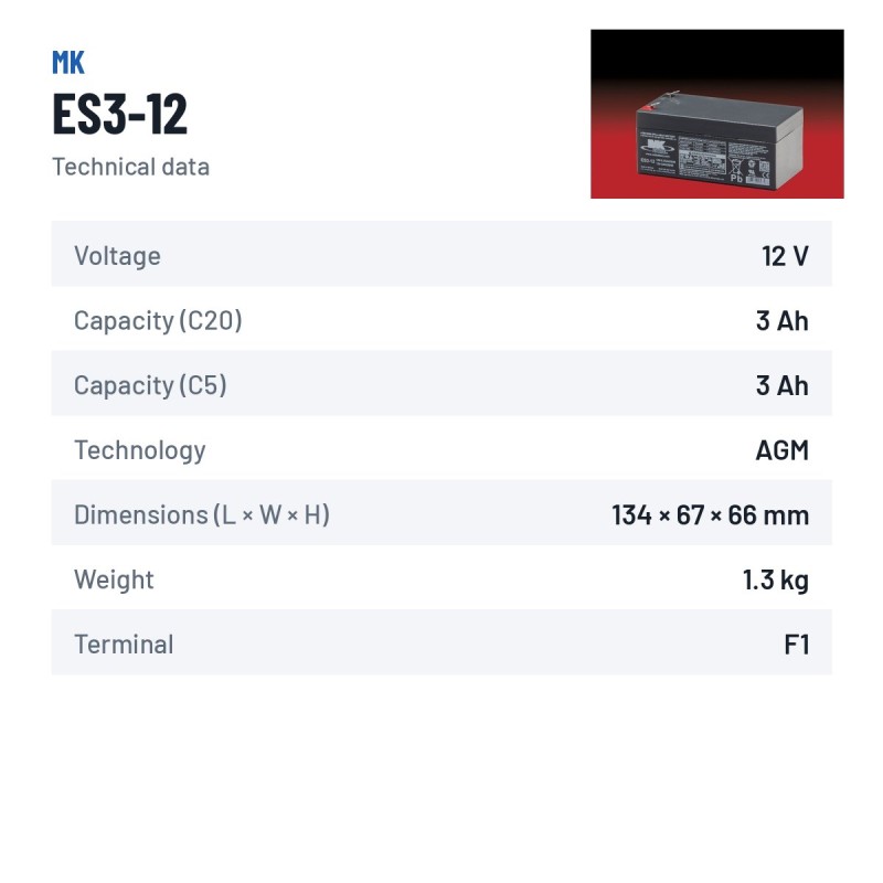 Rollstuhlbatterie MK Powered ES3-12 12V 3Ah AGM – technische Daten