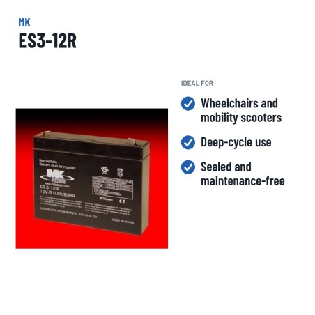 Bateria de cadeira de rodas MK Powered ES3-12R 12V 2.8Ah AGM – utilizações recomendadas