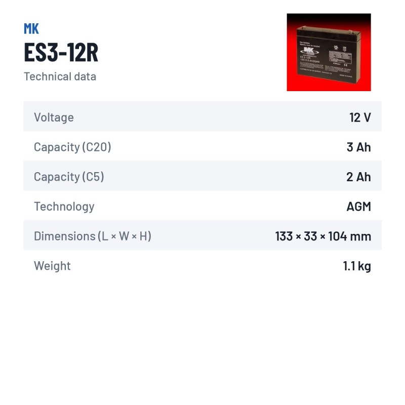 Bateria de cadeira de rodas MK Powered ES3-12R 12V 2.8Ah AGM – ficha técnica