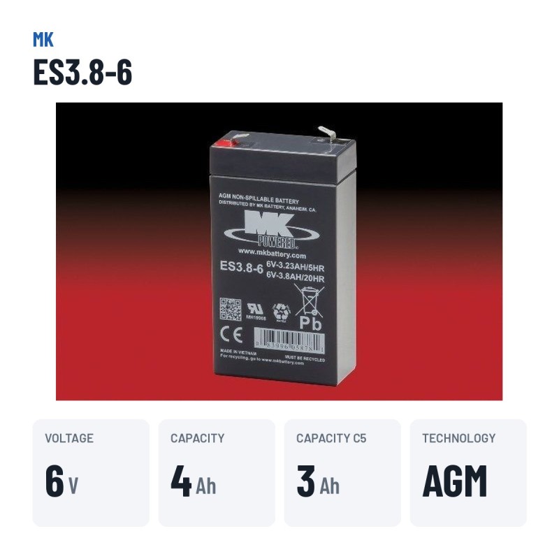 Wheelchair battery MK Powered ES3.8-6 6V 3.8Ah AGM – key specs