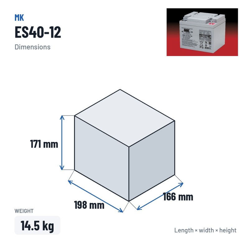 Batteria per carrozzina MK Powered ES40-12 12V 45Ah AGM – dimensioni 198 × 166 × 171 mm