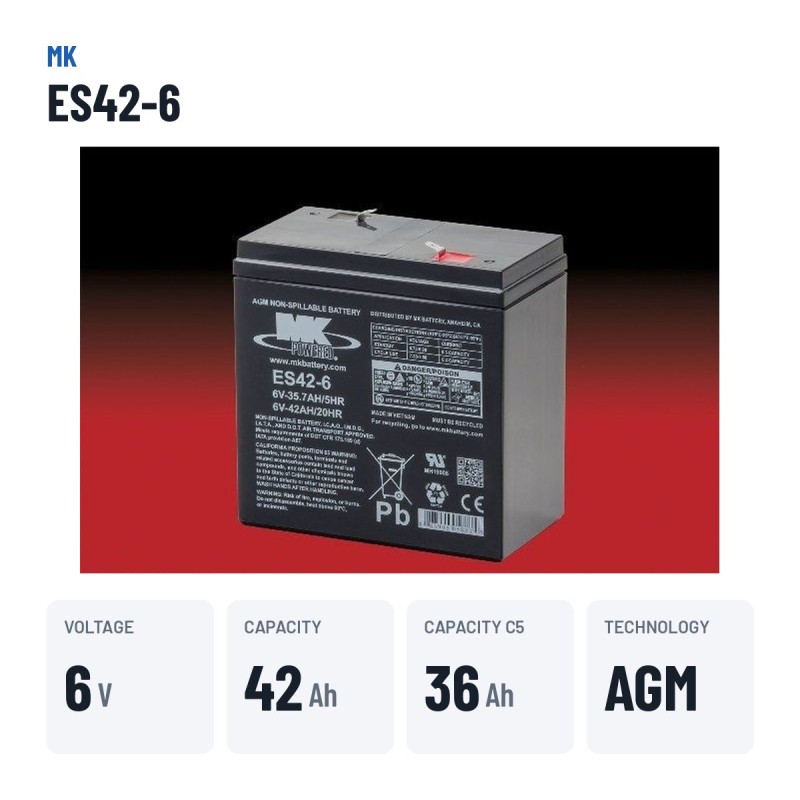 Bateria de cadeira de rodas MK Powered ES42-6 6V 42Ah AGM – dados principais