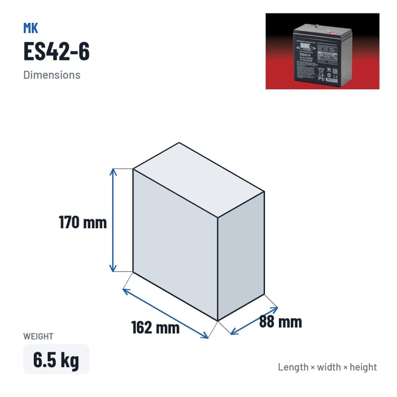 Bateria de cadeira de rodas MK Powered ES42-6 6V 42Ah AGM – medidas 162 × 88 × 170 mm