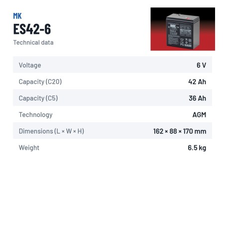 Bateria de cadeira de rodas MK Powered ES42-6 6V 42Ah AGM – ficha técnica