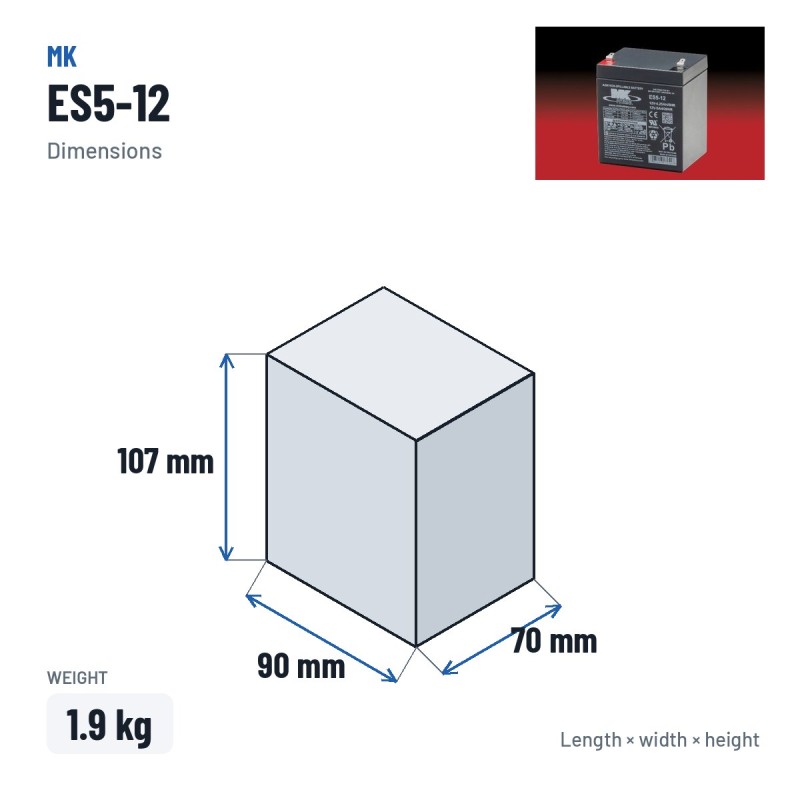Wheelchair battery MK Powered ES5-12 12V 5Ah AGM – dimensions 90 × 70 × 107 mm