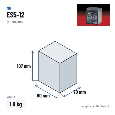 Wheelchair battery MK Powered ES5-12 12V 5Ah AGM – dimensions 90 × 70 × 107 mm