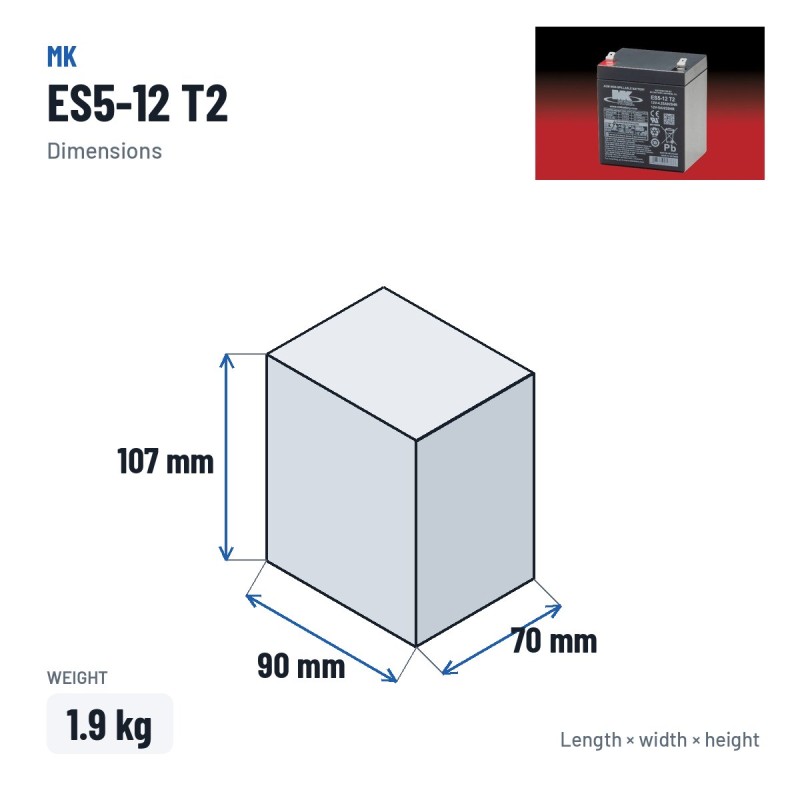 Batterie fauteuil roulant MK Powered ES5-12 T2 12V 5Ah AGM – dimensions 90 × 70 × 107 mm