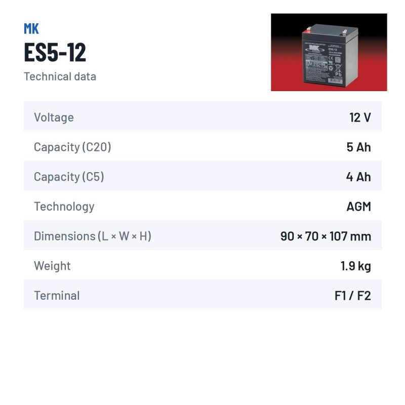 Wheelchair battery MK Powered ES5-12 12V 5Ah AGM – technical data