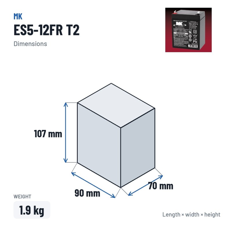 Batería de silla de ruedas MK Powered ES5-12FR T2 12V 5Ah AGM – medidas 90 × 70 × 107 mm