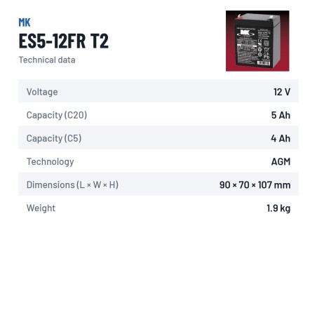 Rollstuhlbatterie MK Powered ES5-12FR T2 12V 5Ah AGM – technische Daten