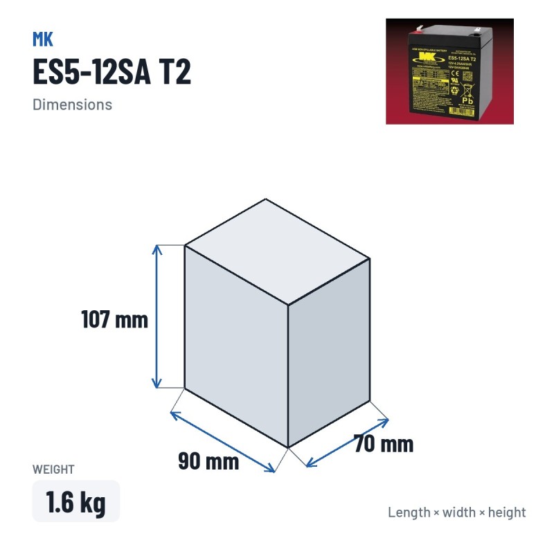Wheelchair battery MK Powered ES5-12SA T2 12V 5Ah AGM – dimensions 90 × 70 × 107 mm