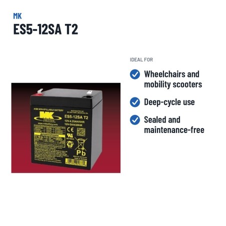 Wheelchair battery MK Powered ES5-12SA T2 12V 5Ah AGM – recommended uses