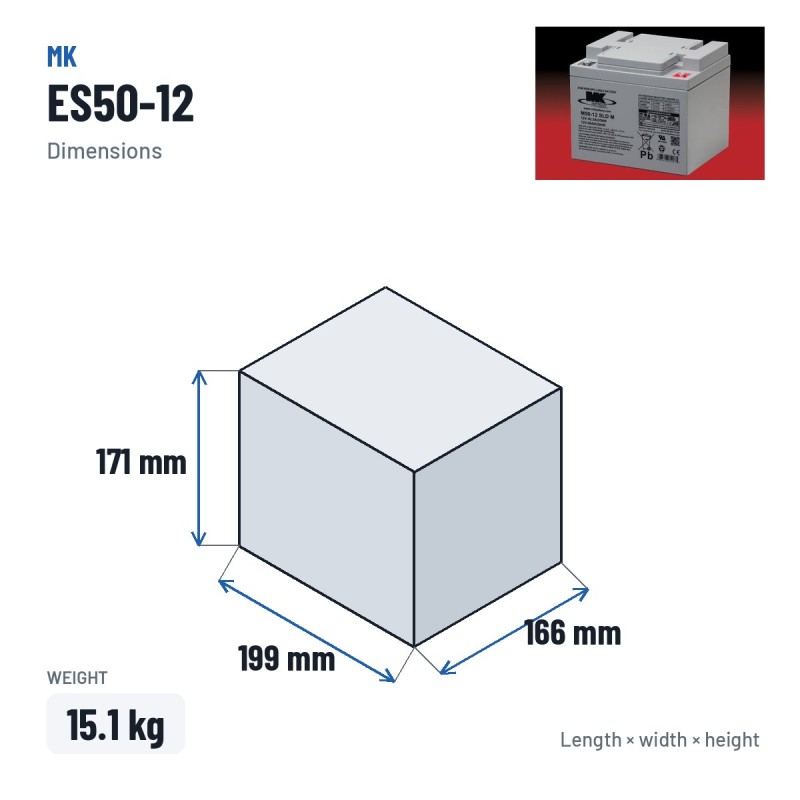 Bateria de cadeira de rodas MK Powered ES50-12 12V 50Ah AGM – medidas 199 × 166 × 171 mm