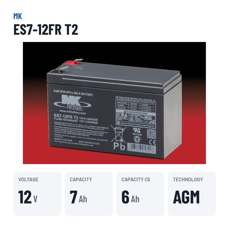 Bateria de cadeira de rodas MK Powered ES7-12FR T2 12V 7.2Ah AGM – dados principais
