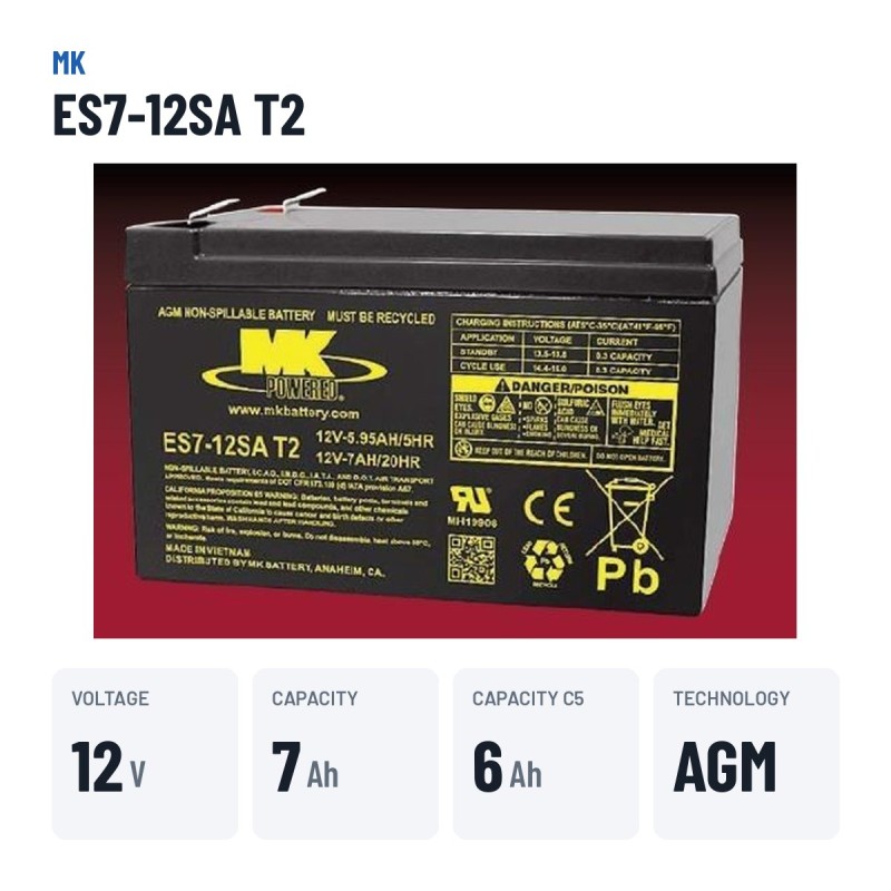 Batería de silla de ruedas MK Powered ES7-12SA T2 12V 7Ah AGM – datos clave