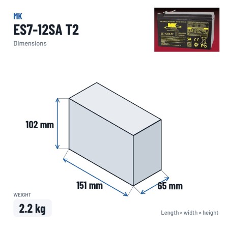 Batterie fauteuil roulant MK Powered ES7-12SA T2 12V 7Ah AGM – dimensions 151 × 65 × 102 mm