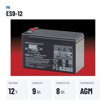 Wheelchair battery MK Powered ES9-12 12V 9Ah AGM – key specs