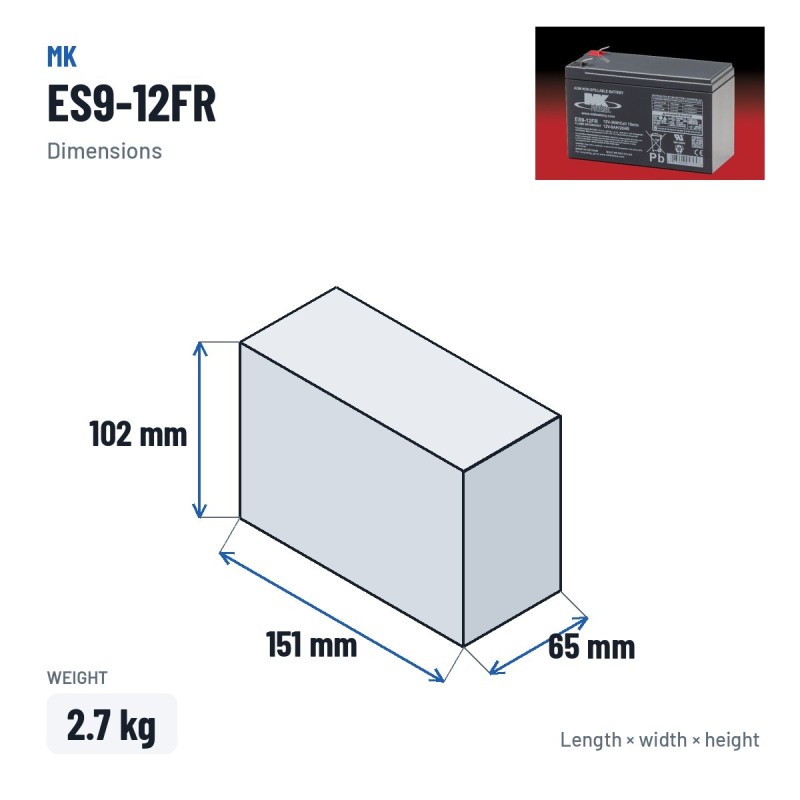 Bateria de cadeira de rodas MK Powered ES9-12FR 12V 9Ah AGM – medidas 151 × 65 × 102 mm
