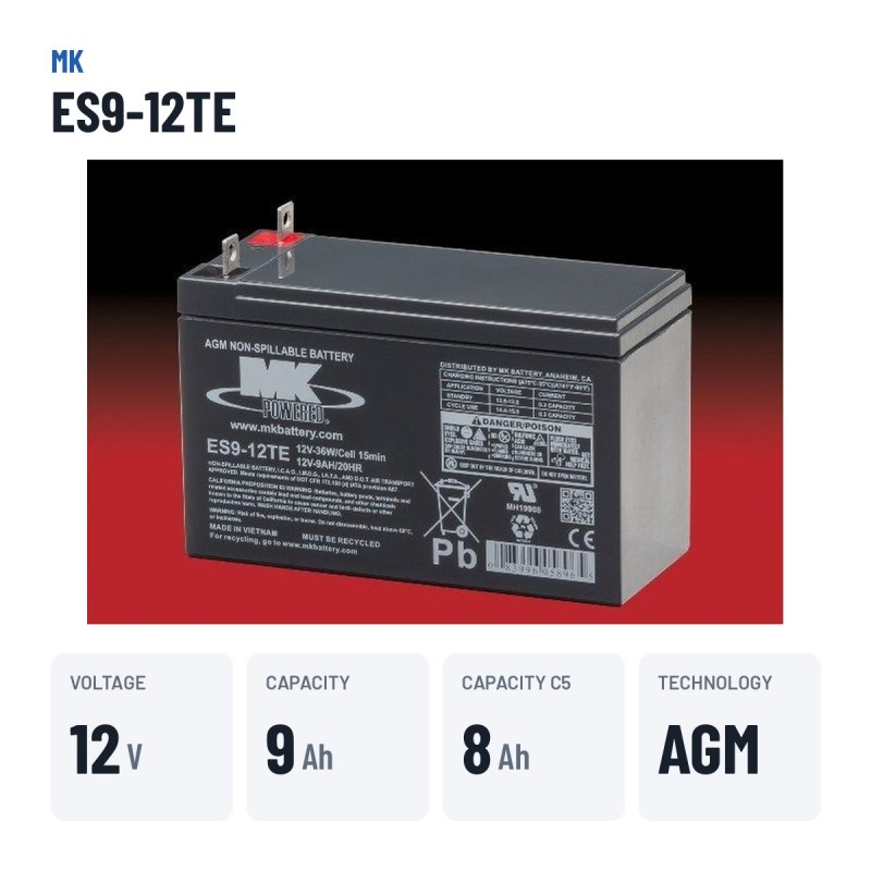 Rollstuhlbatterie MK Powered ES9-12TE 12V 9Ah AGM – wichtigste Daten