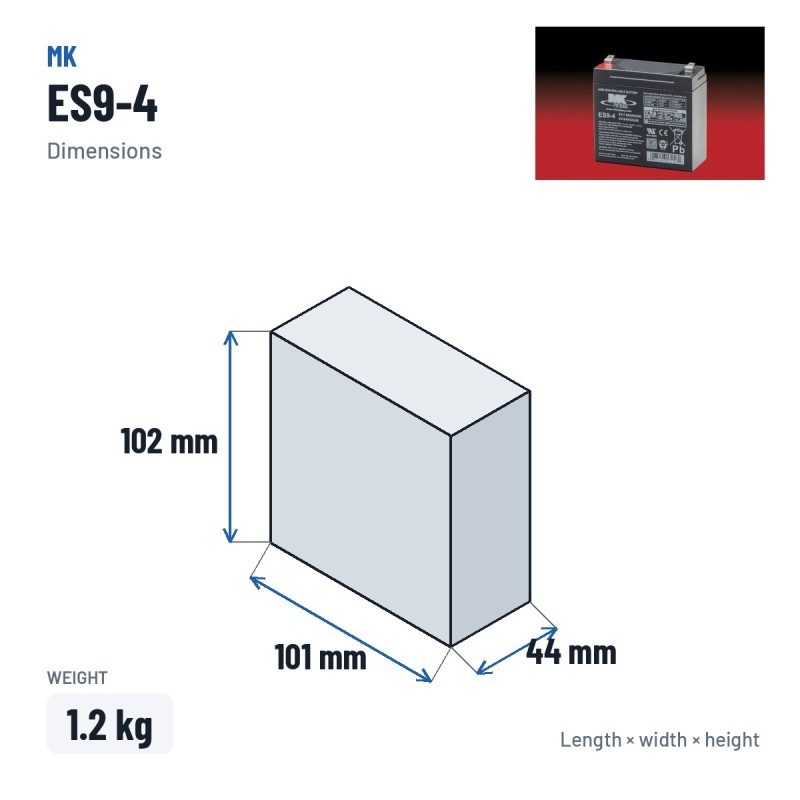 Rollstuhlbatterie MK Powered ES9-4 4V 9Ah AGM – Abmessungen 101 × 44 × 102 mm