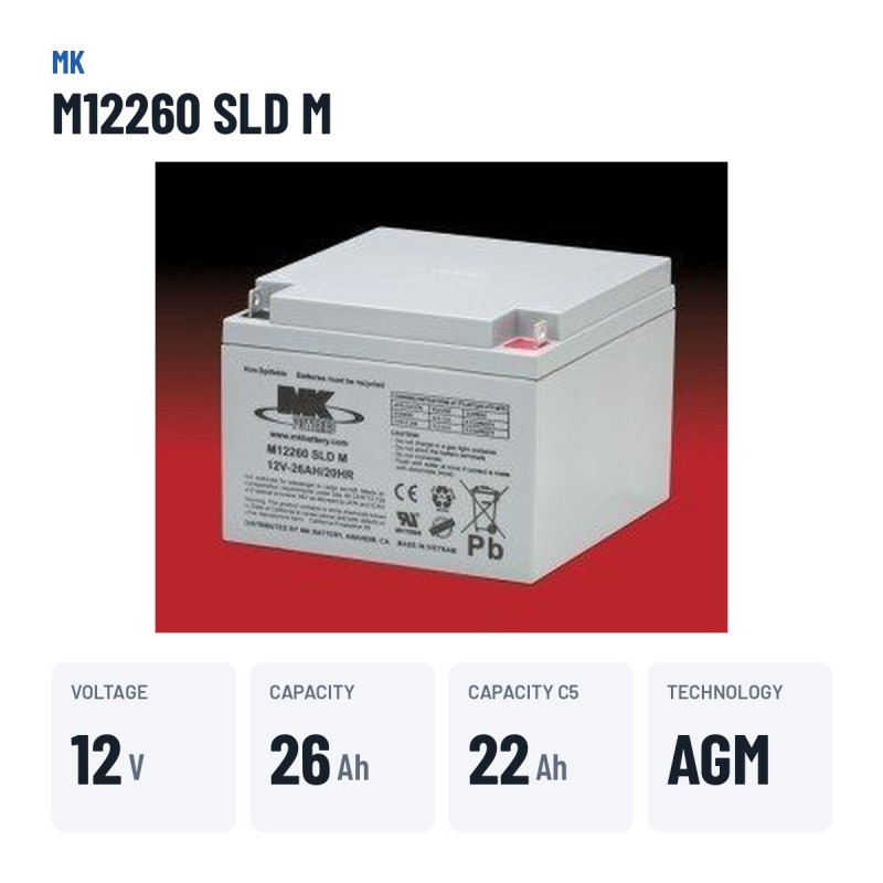 Wheelchair battery MK Powered M12260 SLD M 12V 26Ah AGM – key specs