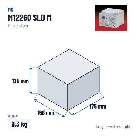 Wheelchair battery MK Powered M12260 SLD M 12V 26Ah AGM – dimensions 166 × 175 × 125 mm