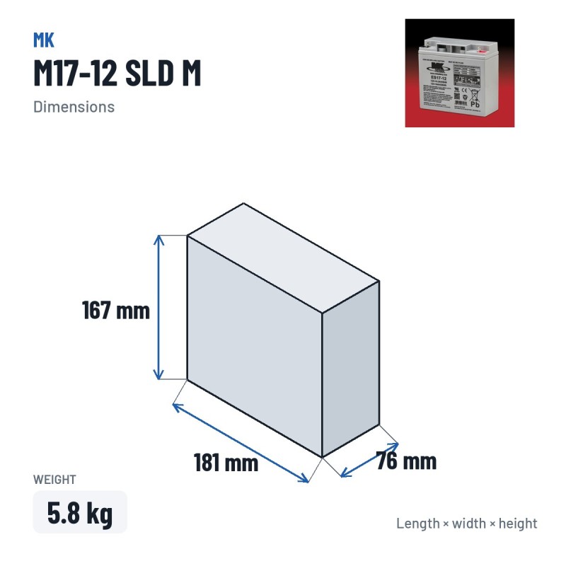 Batería de silla de ruedas MK Powered M17-12 SLD M 12V 18Ah AGM – medidas 181 × 76 × 167 mm