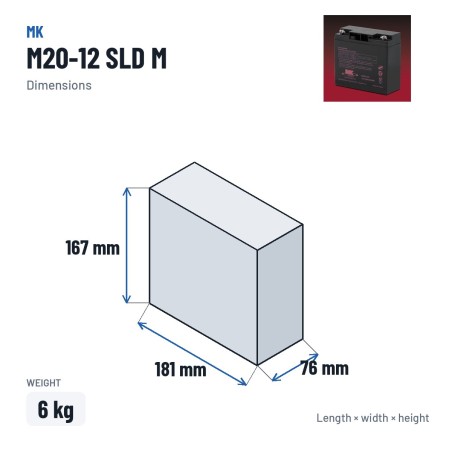 Bateria de cadeira de rodas MK Powered M20-12 SLD M 12V 20Ah AGM – medidas 181 × 76 × 167 mm