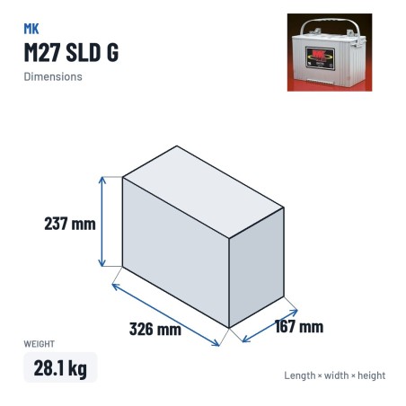 Wheelchair battery MK Powered M27 SLD G 12V 88Ah GEL – dimensions 326 × 167 × 237 mm