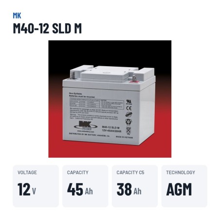 Batterie fauteuil roulant MK Powered M40-12 SLD M 12V 45Ah AGM – caractéristiques clés