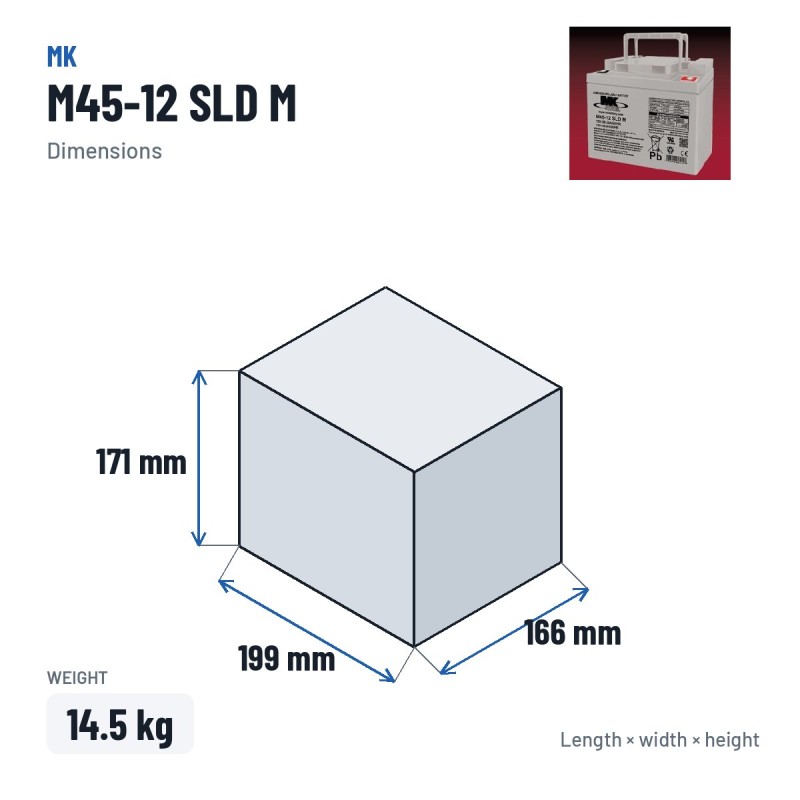 Batteria per carrozzina MK Powered M45-12 SLD M 12V 45Ah AGM – dimensioni 199 × 166 × 171 mm