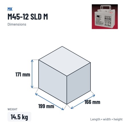 Batteria per carrozzina MK Powered M45-12 SLD M 12V 45Ah AGM – dimensioni 199 × 166 × 171 mm