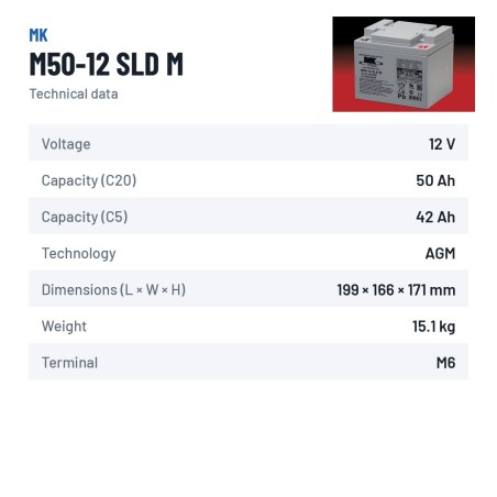 Bateria de cadeira de rodas MK Powered M50-12 SLD M 12V 50Ah AGM – ficha técnica