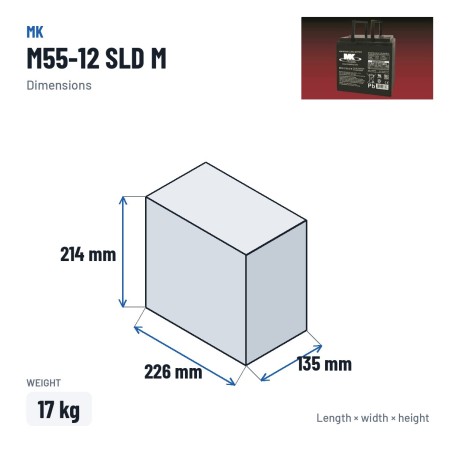 Rollstuhlbatterie MK Powered M55-12 SLD M 12V 55Ah AGM – Abmessungen 226 × 135 × 214 mm