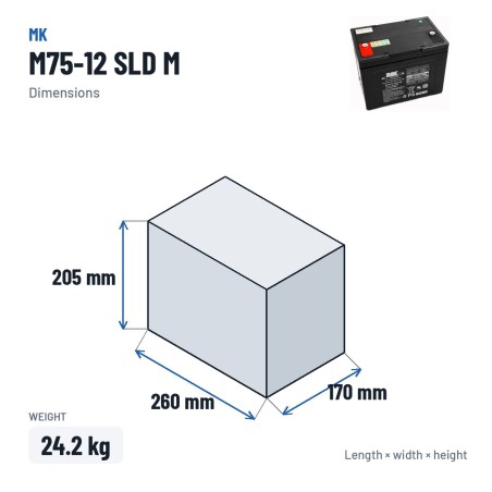 Rollstuhlbatterie MK Powered M75-12 SLD M 12V 75Ah AGM – Abmessungen 260 × 170 × 205 mm