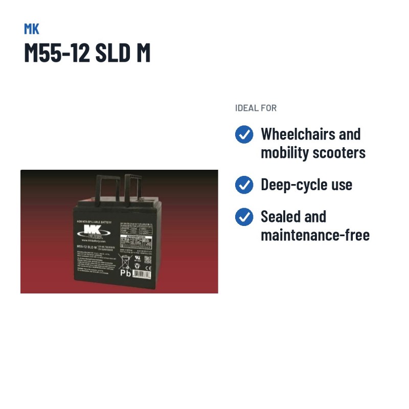 Bateria de cadeira de rodas MK Powered M55-12 SLD M 12V 55Ah AGM – utilizações recomendadas