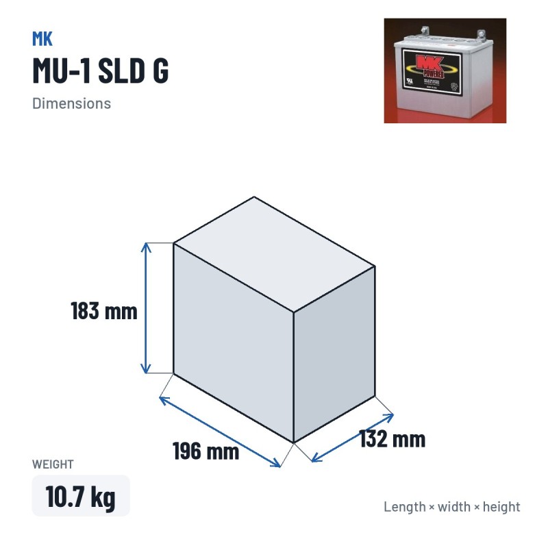 Wheelchair battery MK Powered MU-1 SLD G 12V 31.6Ah GEL – dimensions 196 × 132 × 183 mm
