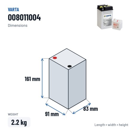 Motorcycle battery Varta B49-6 (008011004) 6V 8Ah 40A – dimensions 91 × 83 × 161 mm