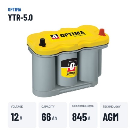 Bateria de caravana Optima YTR-5.0 12V 66Ah 845A AGM – dados principais