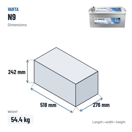 LKW-Batterie Varta N9 12V 225Ah 1150A – Abmessungen 518 × 276 × 242 mm