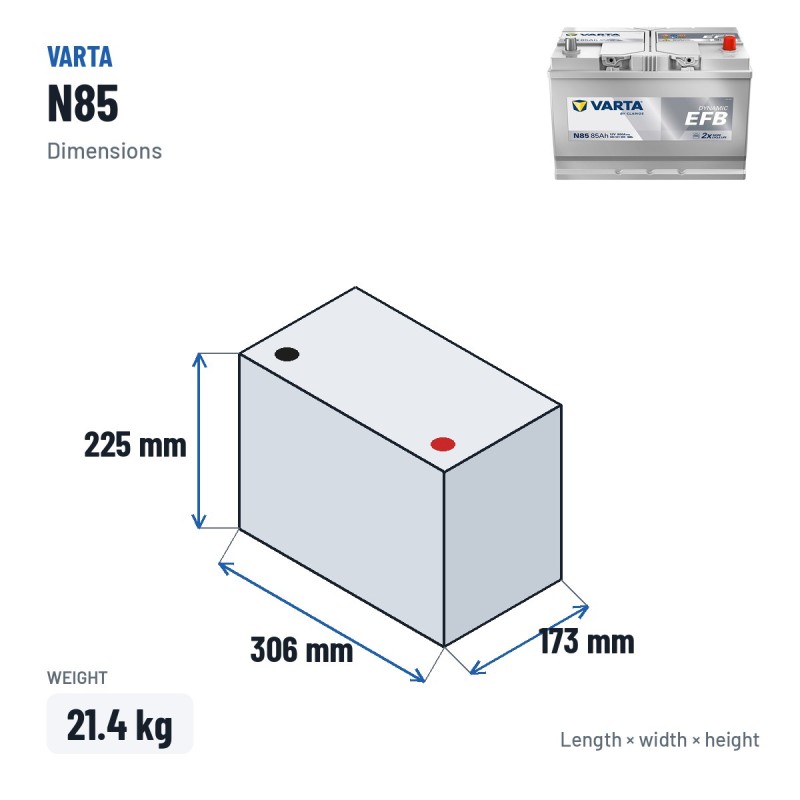 Start-Stopp-Batterie Varta N85 12V 85Ah 800A EFB – Abmessungen 306 × 173 × 225 mm