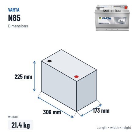 Start-Stopp-Batterie Varta N85 12V 85Ah 800A EFB – Abmessungen 306 × 173 × 225 mm