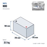 Start-Stop battery Varta N80 12V 80Ah 800A EFB – dimensions 315 × 175 × 190 mm