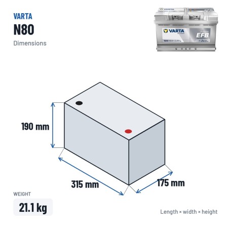 Batteria Start-Stop Varta N80 12V 80Ah 800A EFB – dimensioni 315 × 175 × 190 mm