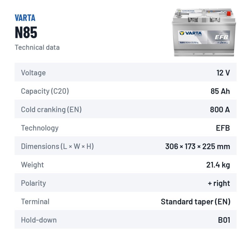 Start-Stopp-Batterie Varta N85 12V 85Ah 800A EFB – technische Daten