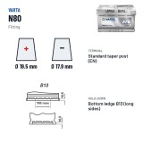 Start-Stop battery Varta N80 12V 80Ah 800A EFB – terminal and hold-down
